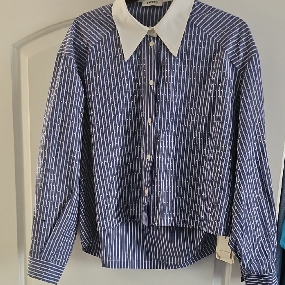 Sandro Blue Striped Button-Front Shirt with White Collar - Picture 8 of 10